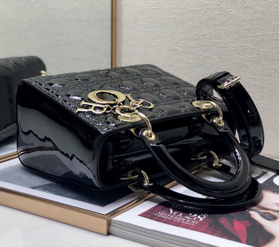 Medium Lady Dior Bag Black Patent Cannage Calfskin